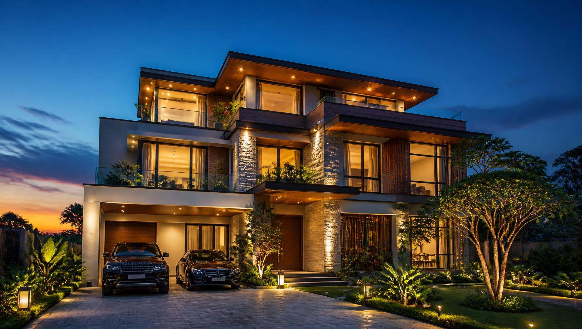 Modern luxury multi-storey villa exterior at twilight with warm interior lighting, driveway and tropical landscaping